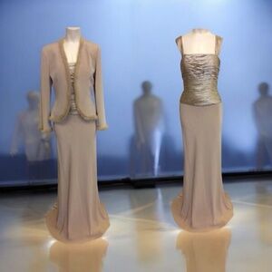 Montage,Woman,Cocktail Dress,Gold,Sz 8,Sleeveless,Jacket Long Sleeve, pleated.!